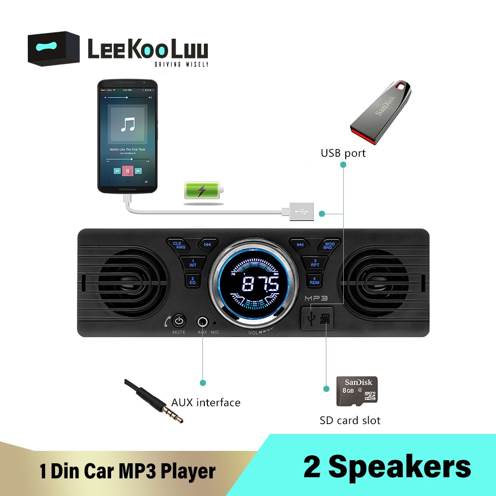 Leekooluu Autoradio Auto Radio Stereo Bluetooth Fm Aux Sd Usb In-Dash 1 Din Audio MP3 Multimedia Player Gebouwd-In 2 Speakers Mic