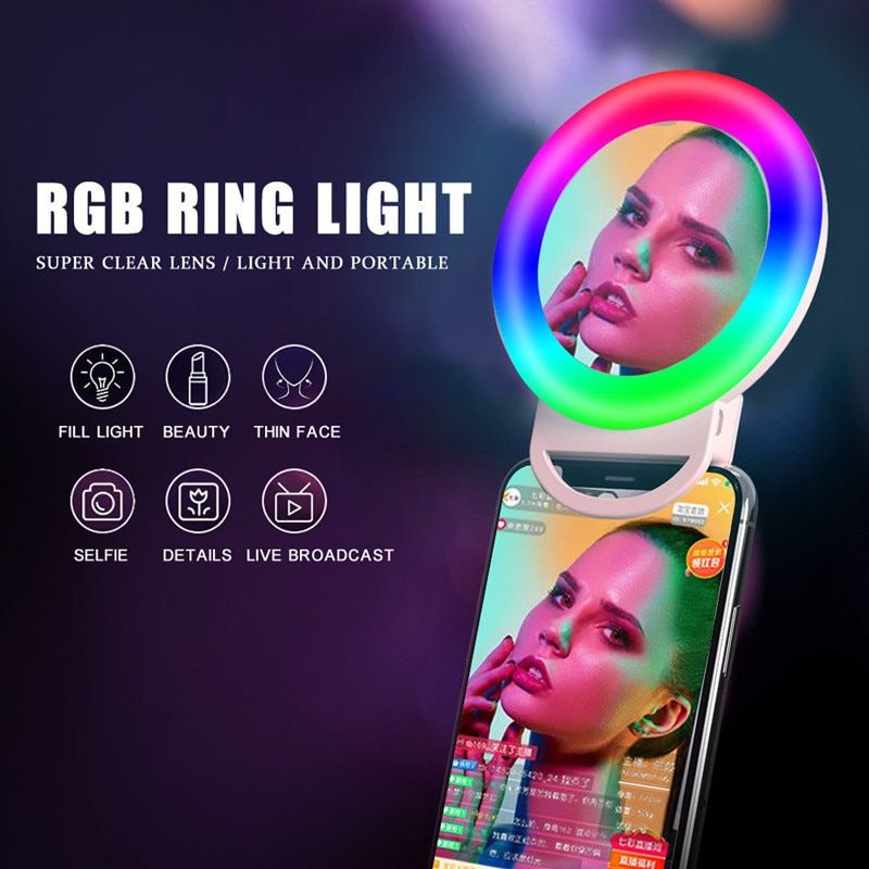 Oplaadbare Rgb Selfie Ring Licht Mini Clip-On Ronde Vullen Lamp Met Make-Up Spiegel Voor Mobiel Led Ringlicht Fotografie lichten
