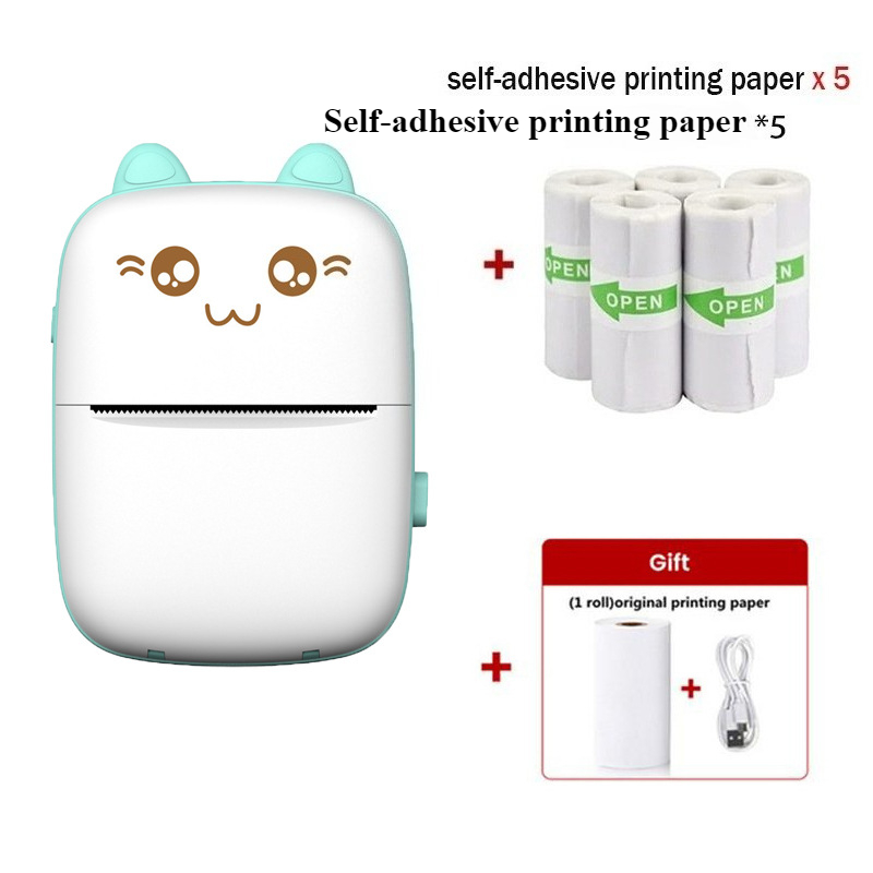 Portable thermal printer mini cat print photo pocket thermal label printer 58mm printing wireless Bluetooth Android iOS printers: green