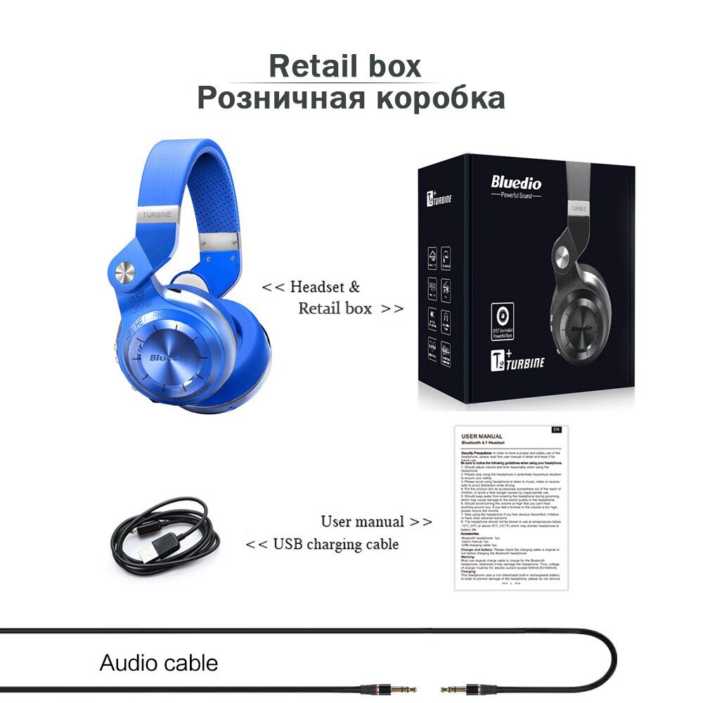 Bluedio T2 + Bluetooth Hoofdtelefoon Over-Ear Draadloze Opvouwbare Hoofdtelefoon met Mic BT 5.0 FM Radio Sd-kaart Headset: blue retail box