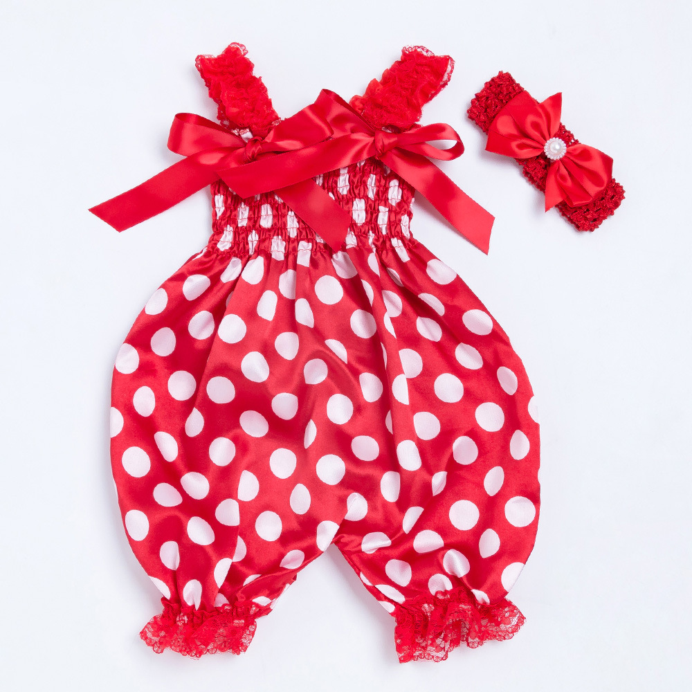 Mono con diadema para niños, sin mangas con estampado de puntos pelele/Flores/leopardo para niñas, con correa elástica para el hombro + tocado: Rojo / 12 meses