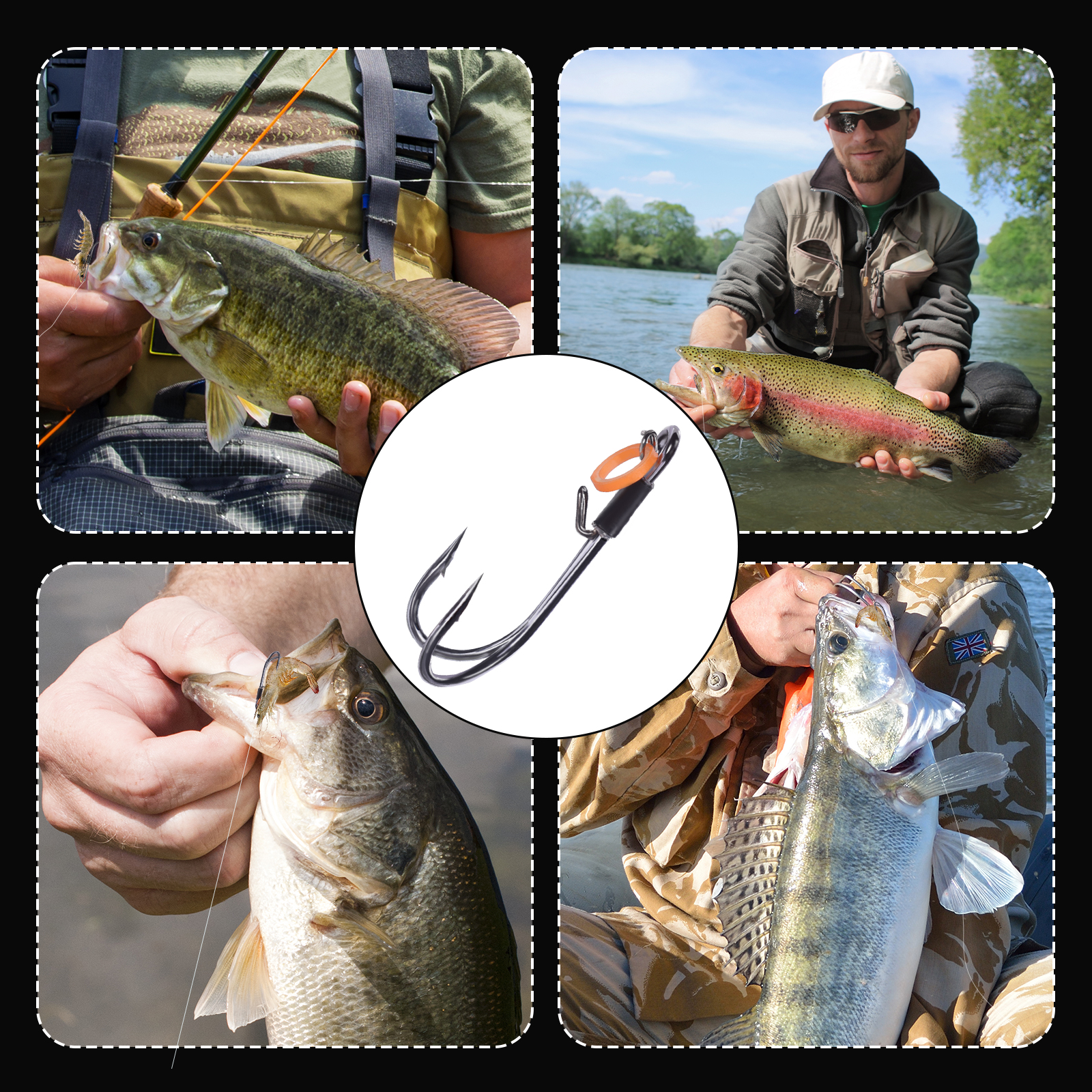 FishTrip-anzuelo doble para pesca de camarones vivos, anzuelos fijos, 10-15 Uds., flotador de pesca, soporte para cebo, anzuelos, Señuelos de Pesca, agua salada y dulce