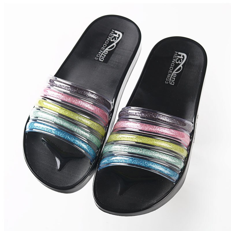 Transparent arc-en-ciel adolescent filles pantoufles enfants maison chaussures été cristal pantoufles intérieur maison antidérapant salle de bain pantoufles: Black / 39