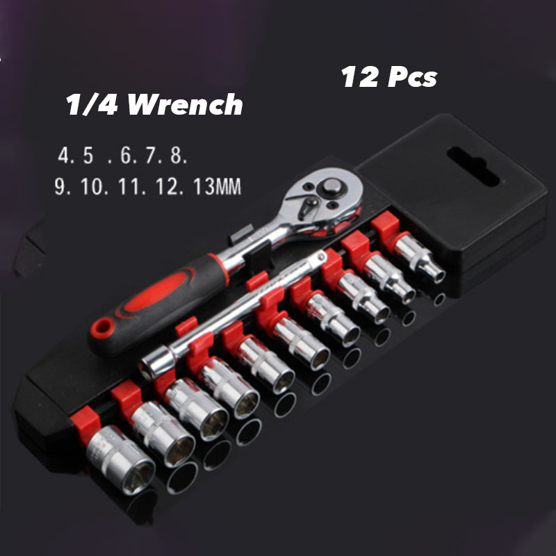 12 pièces 1/4 "clé à douille à cliquet Kit outil de réparation universel multi-fonction 8-32mm clé à cliquet réversible à dégagement rapide à domicile H