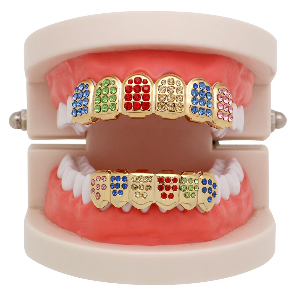 LuReen Bunte Kristall Zähne Grillz oben Unten CZ Gold grillen Zahn Hüfte hüpfen Halloween Zähne Kappen Grill Mund Körper Schmuck