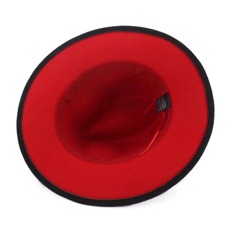 Unisex flad kant uldfilt fedora hatte med bælte rød sort patchwork jazz formel hat panama cap trilby chapeau til mænd kvinder