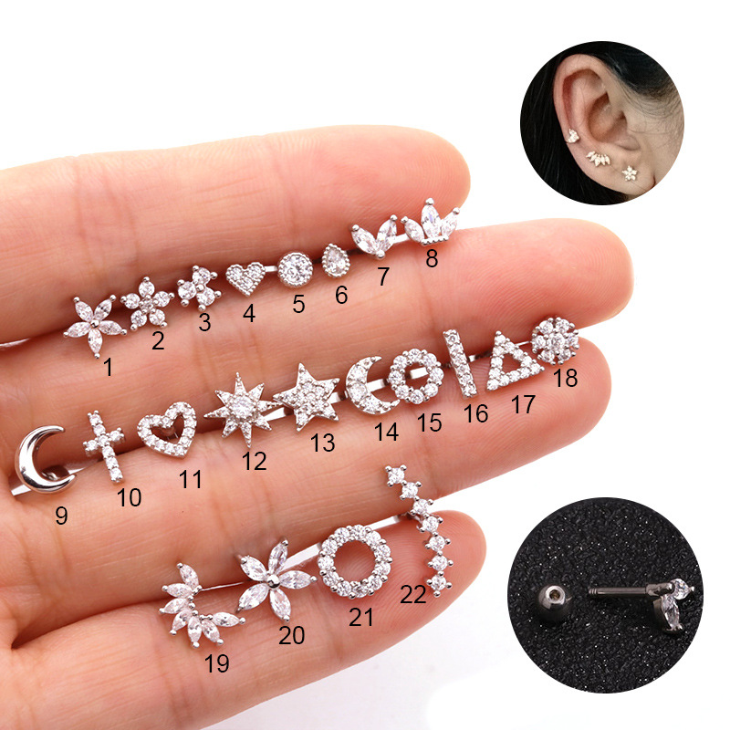 1PC 316 Stainless Steel Mini Zircon Cartilage Piercing Stud Earring For Women Helix Tragus Piercing women's Body Jewelry: Multicolour / SILVER PLATED