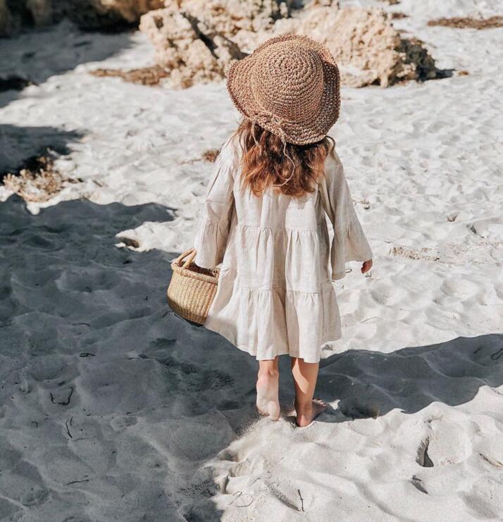Vestido de lino y algodón liso para niña, Vestido de manga larga, de princesa, vestidos largos hasta la rodilla, primavera