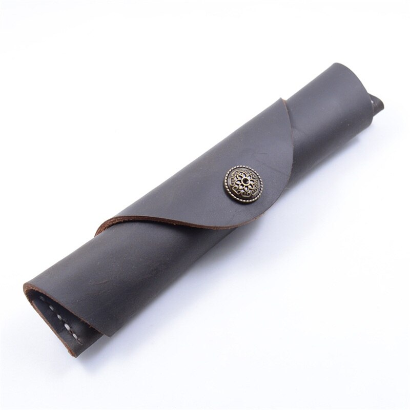 Leren Pennen Etui - Handgemaakt Drukknop - School Kantoor Retro: Donkerbruin