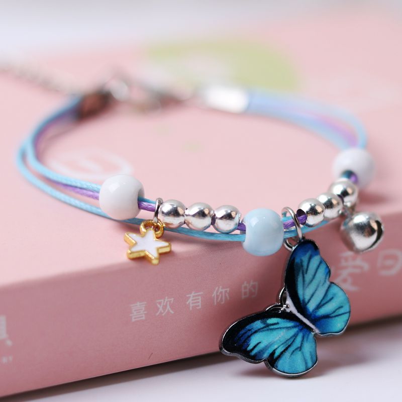 Paar Blauw Paars Vlinder Charms Armband Touw Gevlochten Met Bell Verstelbare Armband Vrouwen Vriendschap Armband Sieraden