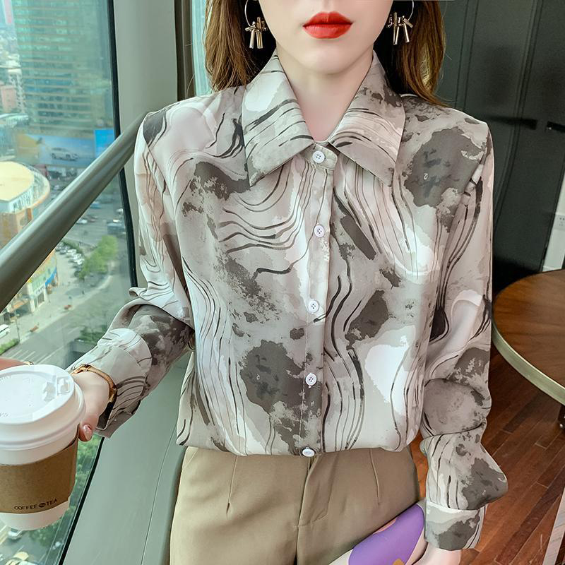 Spring Autumn Lapel Vintage Tie Dye Blouse Femme Long Sleeve Single Breasted Print Chiffon Shirt All-match Casual Blusa