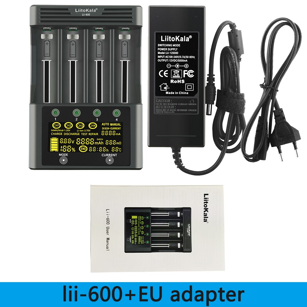 LiitoKala Lii-600 Battery Charger For Li-ion 3.7V and NiMH 1.2V battery Suitable for 18650 26650 21700 26700 AA AAA12V5A adapter: EU-Lii-600 no car