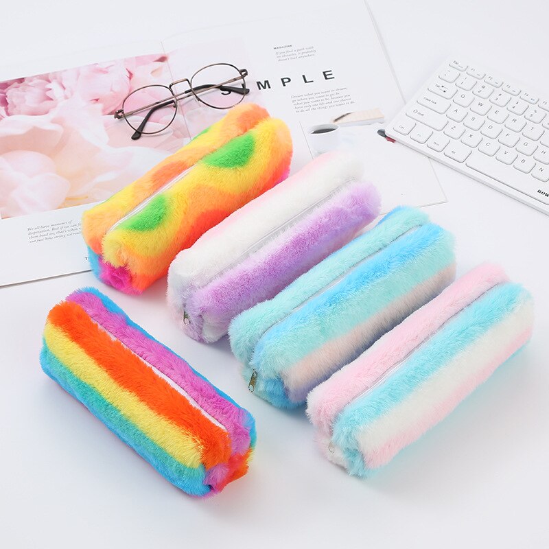 Leuke Regenboog Pluche Etui School Potlood Gevallen Tas Briefpapier Pencilcase Kawaii Etui Voor Meisjes Schoolbenodigdheden Gereedschappen