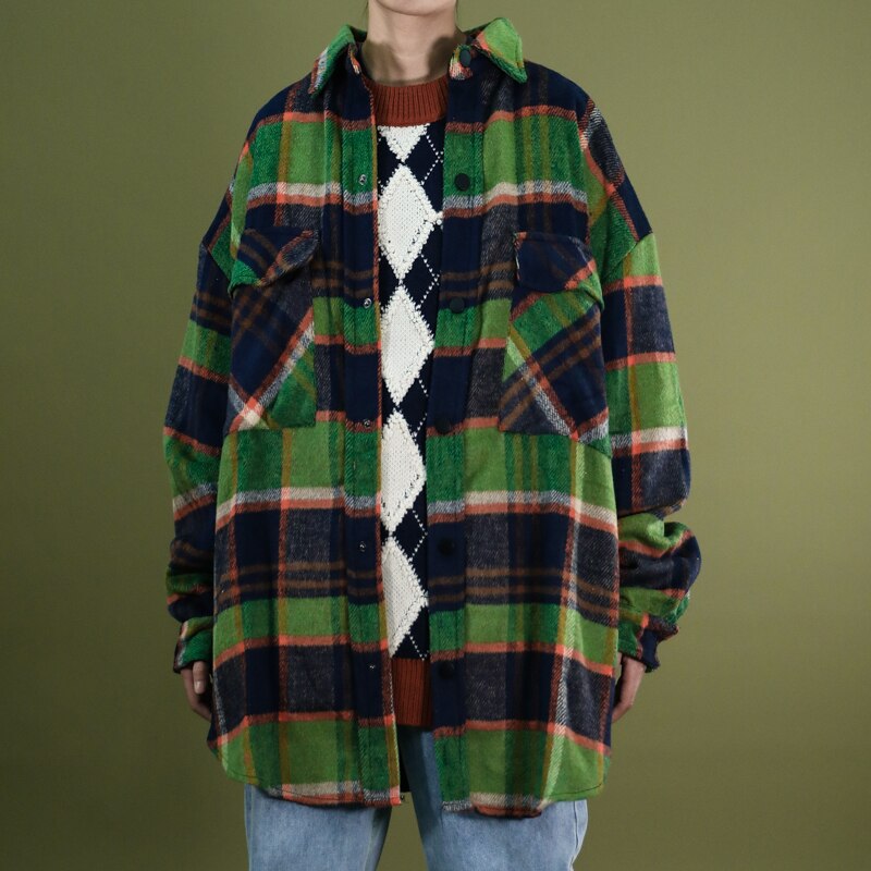 Mens Geborsteld Flanel Plaid Jas Shirts Hip Hop Wollen Oversized Gestreepte Lattice Jassen Uitloper Vrouwen Thicking Herfst Winter