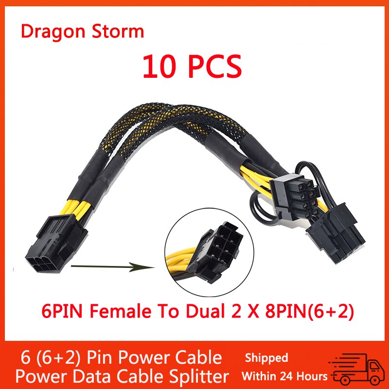 Original 10 stk 6 pin 8 pin pci express til dual pcie 8 (6+2) pin strømkabel grafikkort pci-e gpu strøm datakabel splitter 22cm: 6 ben plus -10