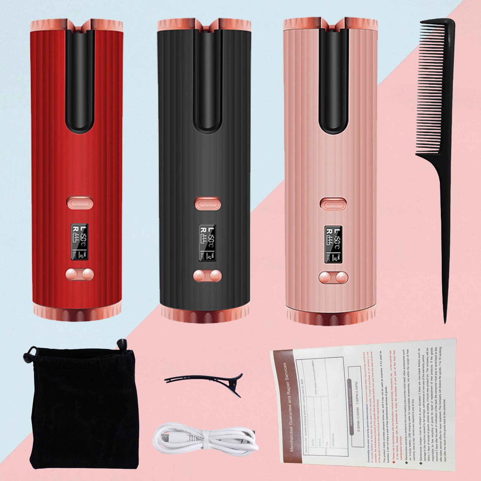 Cordless Automatic Hair Curler Portable Rechargeable Hair Curling Wand Roller Iron with 3 Temperature Settings Timer LCD Display