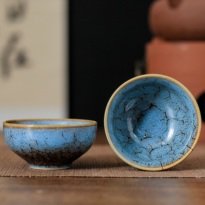 45ml copo de cerâmica doméstico forno mudança xícara de chá mestre copo de degustação copo de água azul cetim tigela de chá jianzhan casa de chá cha teaware: Azul marinho