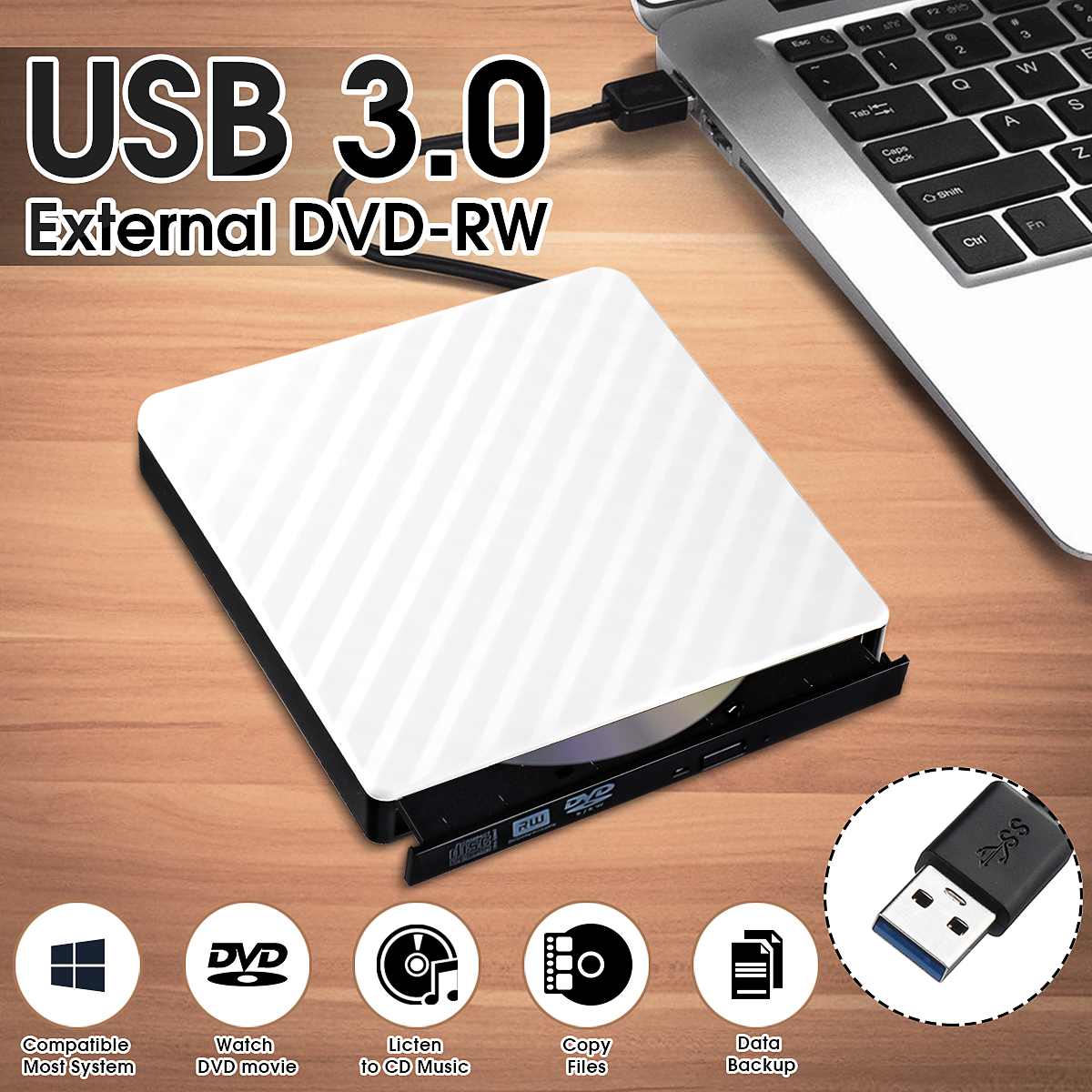 Lecteur de DVD RW CD externe USB 3.0, graveur de Grain de carbone, lecteur optique blanc noir pour PC portable