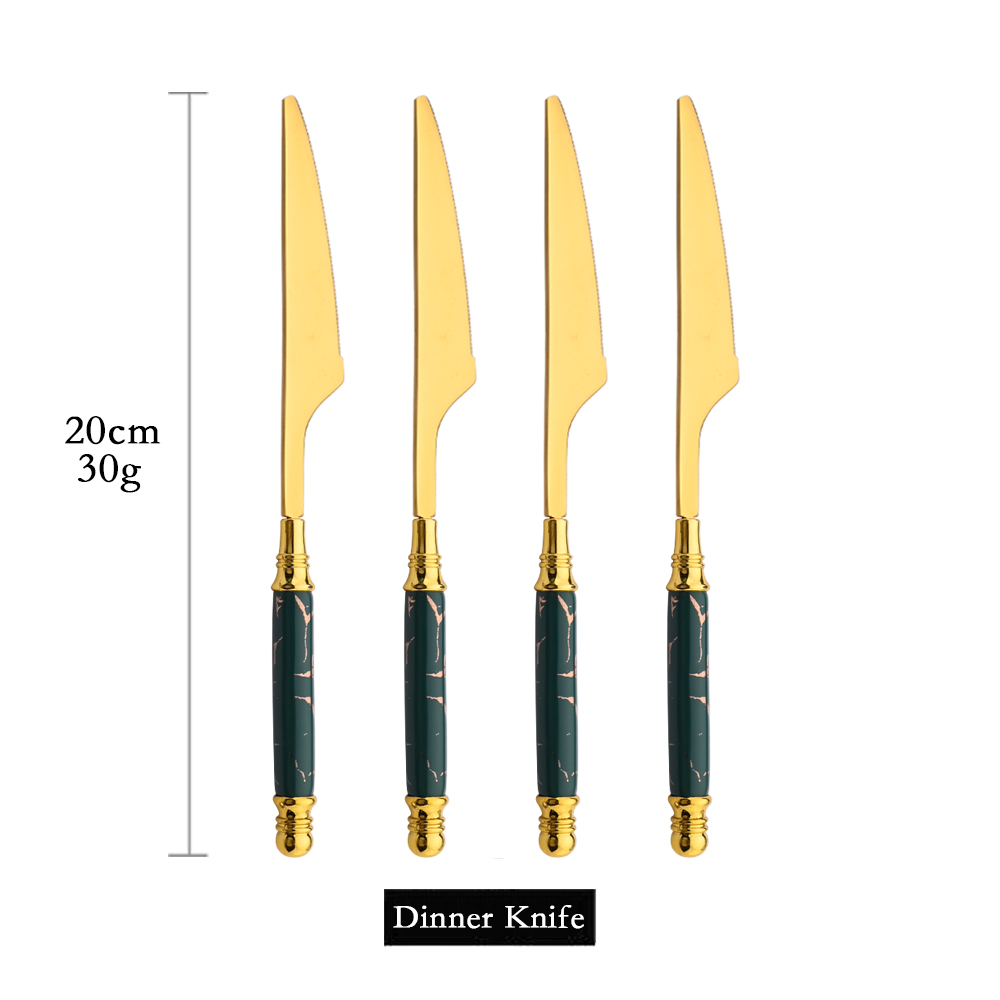 4/20PCS Gold Stainless Steel Flatware Cutlery Set Dinnerware Set Emerald Marble Ceramic Handle Knife Fork Tea Spoon Dinner Set: 4Pcs Dinner Knfie