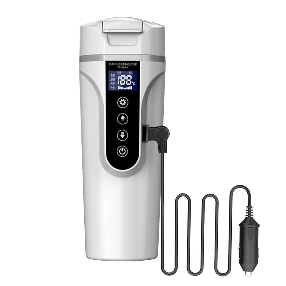 12v/24v 75-90w 450ml køretøjs varmekop bil smart kaffe varmebevarelse berøringsskærm rejse elektrisk termokrus lcd -display: Hvid