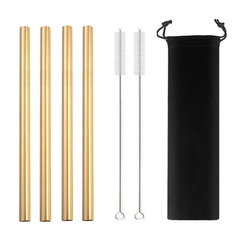Large 12mm Bubble Tea Milkshake Straw Reusable Metal Straw 304 Stainless Steel Drinking Straws Set Bar Boba Straight Straw Tubes: Gold 7pcs set