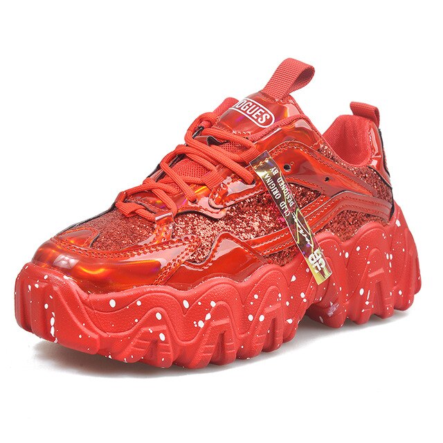 Forår efterår kvinders chunky sneakers kvinder platform sko bling pailletter snøre snøre vulkanisere sko kvindelige trænere far sko: Rød / 6