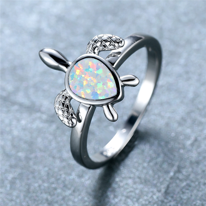 Wit Blauw Opal Water Stone Ring Charm Zilver Kleur Schildpad Ring Vrouwelijke Schattige Kleine Zee Schildpad Ringen Voor Vrouwen boho Sieraden: 9 / White