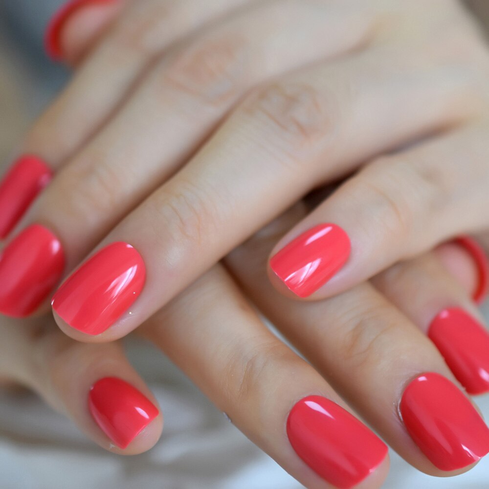Pointe rouge néon presse courte sur ongles Squoval brillant faux ongles tête carrée couleur conseils pour un usage quotidien 24: L5753