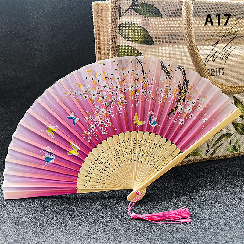 Chinese Japanese Pattern Vintage Flower Butterfly Silk cloth Folding Fan Art Craft Home Decor Ornament Dance Hand Fan Fan: Brown
