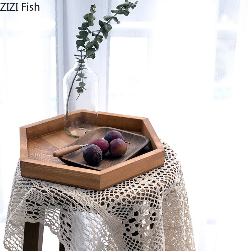 Bandeja de madera hexagonal hecha a mano de 20cm/30cm/40cm, plato de café de madera Burly, decoración de mesa, soporte de joyería para maquillaje y postres