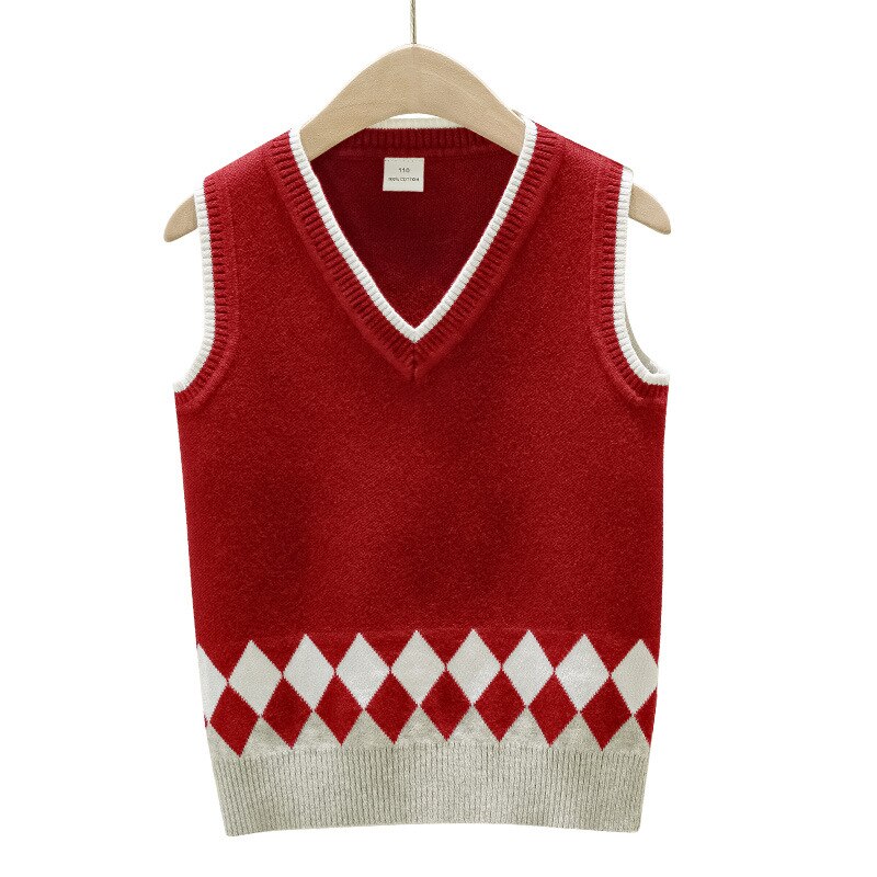 Geometric Rhombus Knit Vest for Big Boys Autumn Preppy Style School Uniform Baby Girls Sleeveless Outerwear Knitted Sweater