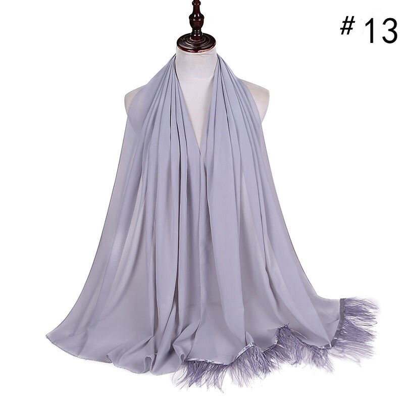 Trend Feather Hijabs Turban Chiffon Single-Side Short Feather Stitching Scarf Long Shawl For Muslim Women Headscarf: 13 light grey