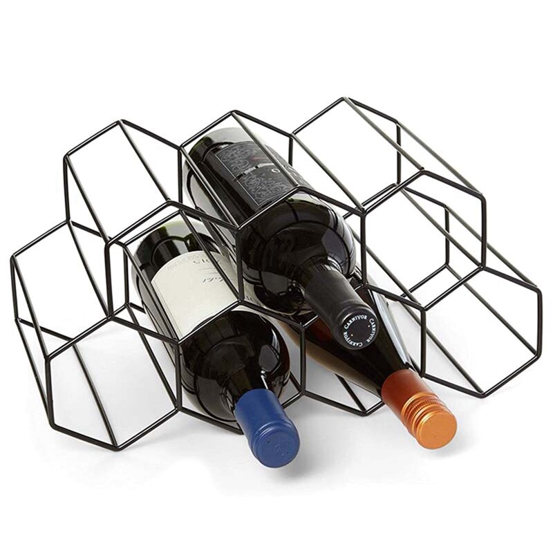 Hexagon 9 Bottle Wine Holder Display Modern Metal Honeycomb Wine Rack Wine Bottle Storage Beehive Tabletop Wine Rack: Black-Metal