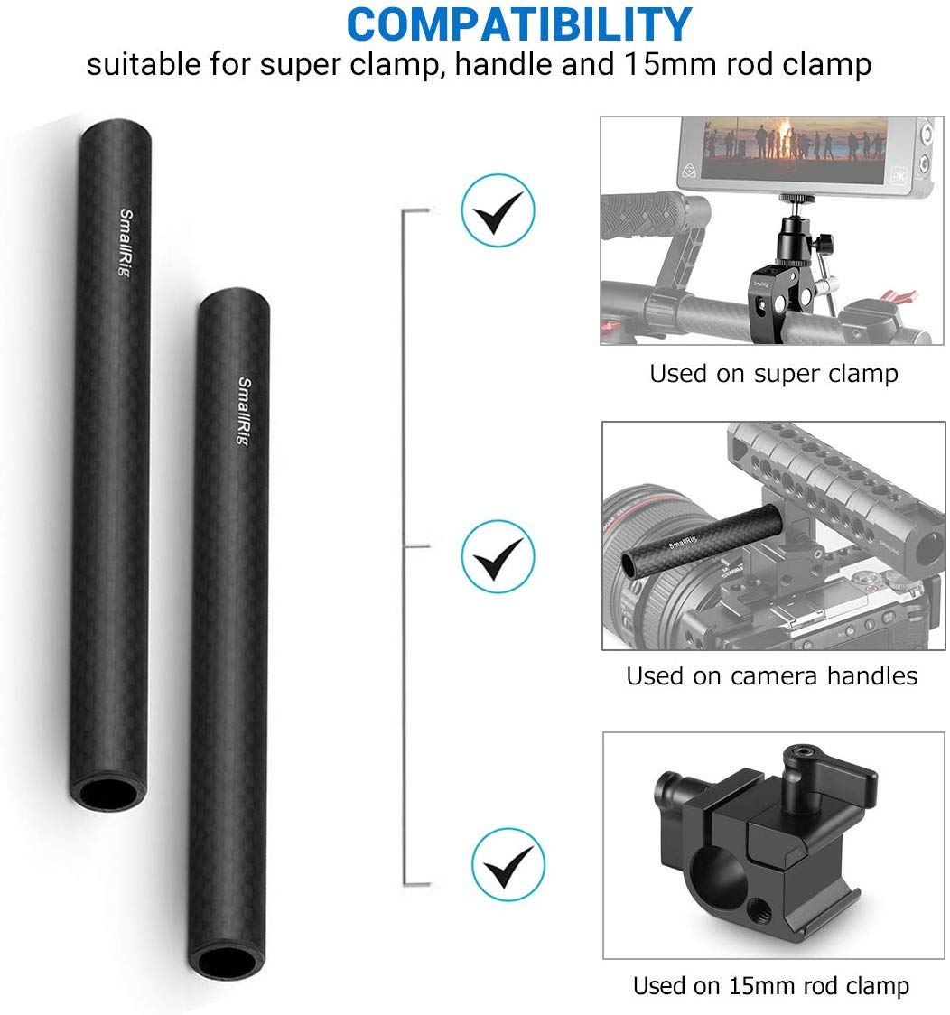 Smallrig 6 polegada longa 15mm haste de fibra de carbono para 15mm haste sistema de suporte (não-thread) 2 pces pacote-1872