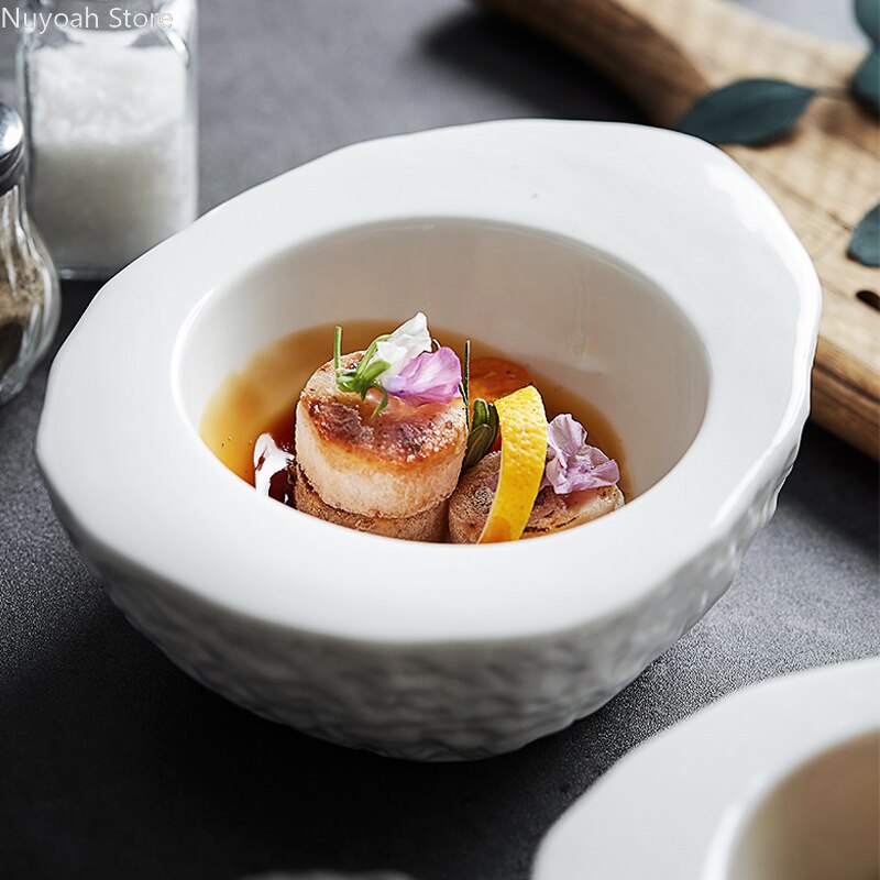 White Special-shaped Irregular Dinner Plate Stone Grain Egg-shaped Bowl Insulation Bowl Hotel Restaurant Tableware