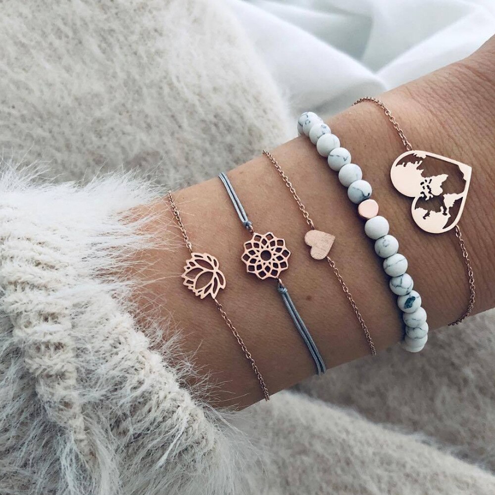 Bohemian Handgemaakte Kralen Ketting Armbanden Set Voor Vrouwen Boom Hart Maan Kompas Charm Bangle Dames Mode-sieraden: 40