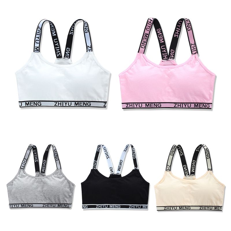 Young Girls Cotton Sport Traning Bra Letters Print Elastic Straps Bralette Vest U50F