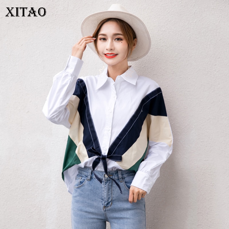XITAO, camisa de mujer con lazo, ropa de mujer , blusa informal de estilo minoritario recta con cuello de retales y cuello vuelto de un solo pecho GCC1402
