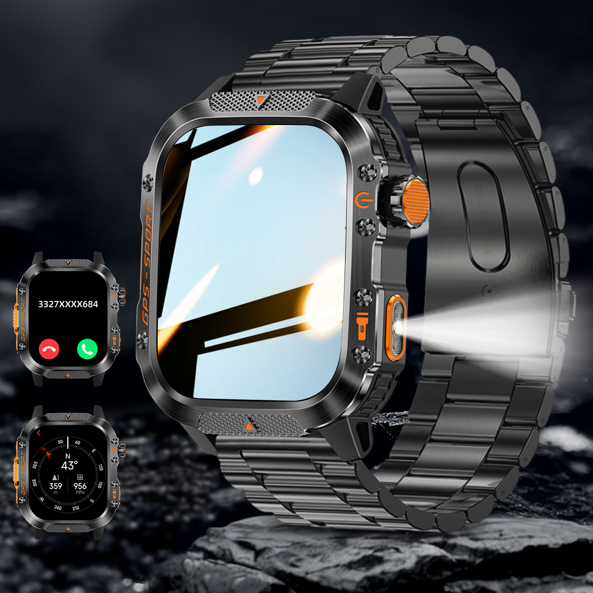 Nuovo accorto guarda costruito-in GPS a doppia frequenza Chiamata senza fili 3ATM Torcia portato impermeabile Bussola sport tutto'aria aperta da uomo Smartwatch: BIANCO