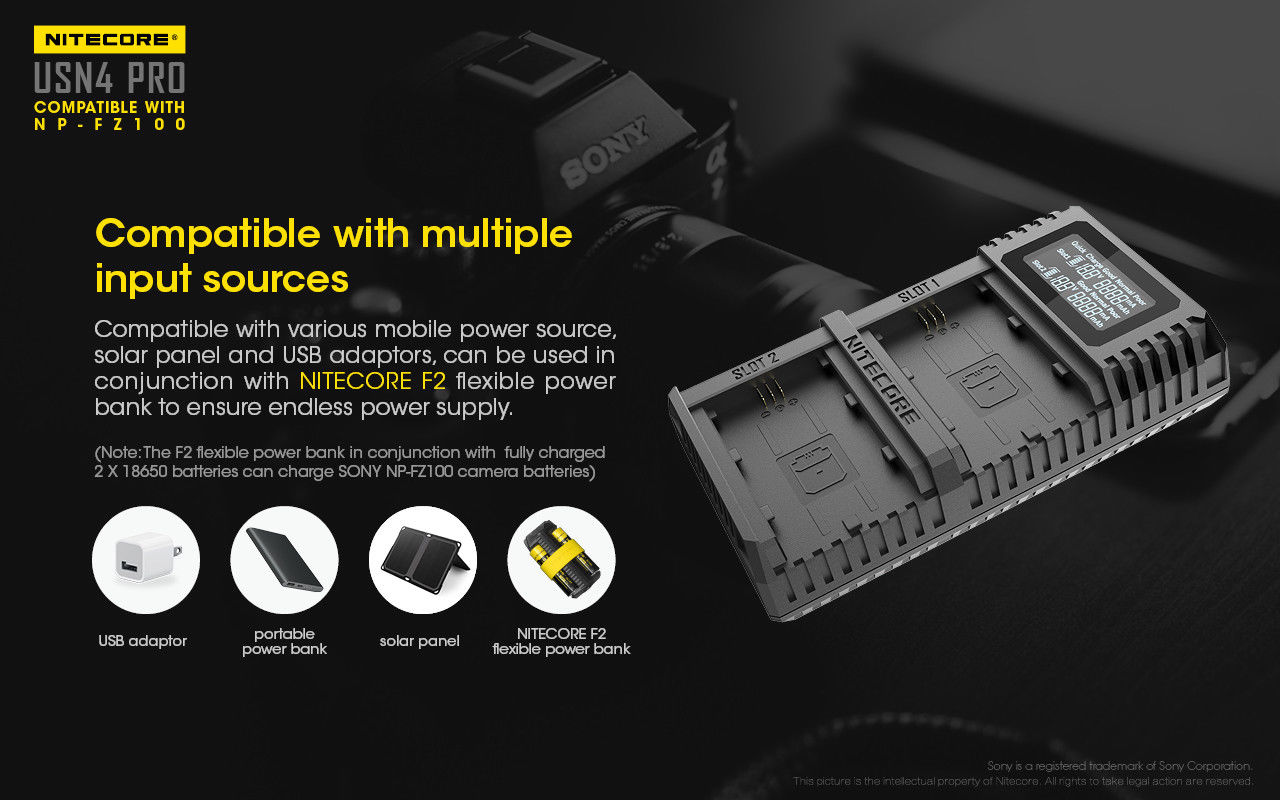 Nitecore usn4 pro digital carregador de câmera de viagem de slot duplo para sony NP-FZ100 baterias, compatível com a7 iii, a7r iii, a9