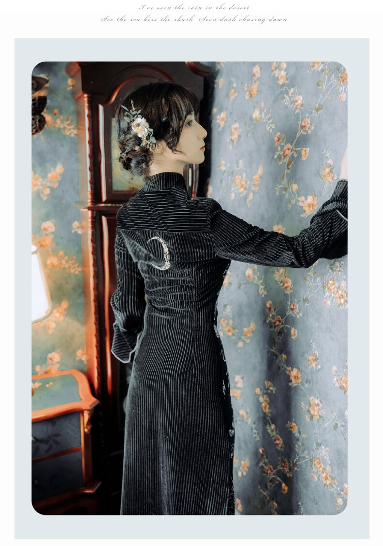 Chinese Retro Cheongsam Meisje Gemodificeerde Jurk Elegante Zwarte Goud Fluwelen Sexy Lange Rok Vrouwen Chinese Qipao Jurk