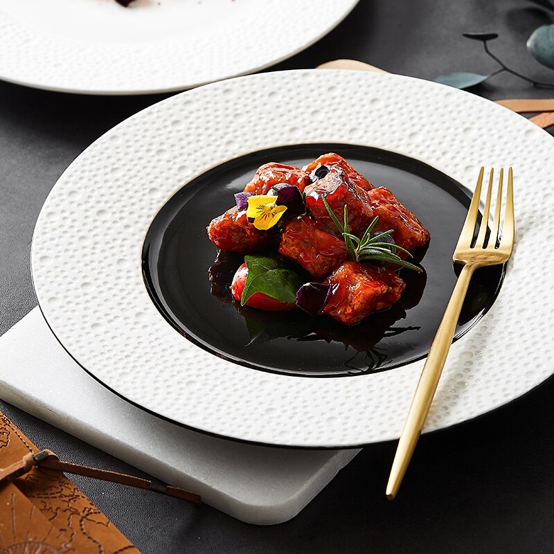 Plato de cerámica blanco y negro para comida occidental, sencillo y moderno para el hogar, redondo, Ramen, ensalada y postre, vajilla comercial
