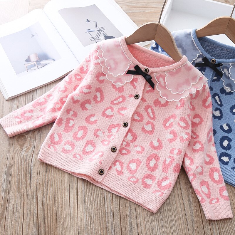 Del bambino Delle Ragazze del Cappotto di Modo di Autunno cardigan Del Leopardo Sveglio del lavorare a maglia Vestiti Dei Capretti Dei Bambini Giacca di Cotone Maglione di Lavoro A Maglia Dei Vestiti per La Ragazza