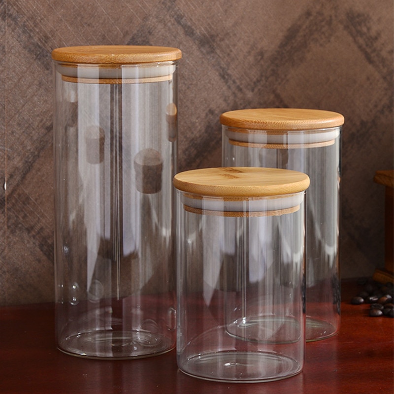Glasburkar med bambulock mini kaffe socker te burk spannmålsdispenser flaska glasburkar förseglad förvaringstank