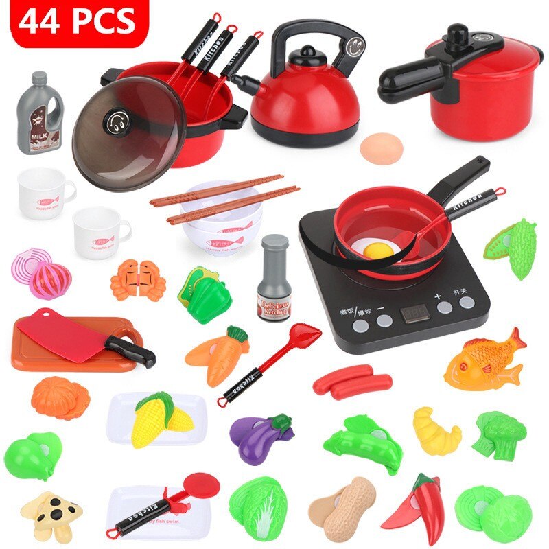 Zabawki kuchenne dla dzieci symulacja naczynia kuchenne jedzenie garnek Pan dzieci udawaj zagraj w zestaw kuchenny zabawki dla dziewczynek lalka jedzenie: 44pcs Red