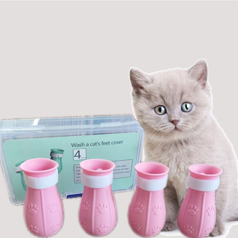 Kat Grooming Supplies Anti-Kras Schoenen Voor Katten Verstelbare Pet Kat Laarzen Bad Kat Claw Paw Cover Katten 4pcs Voet Cover: Roze