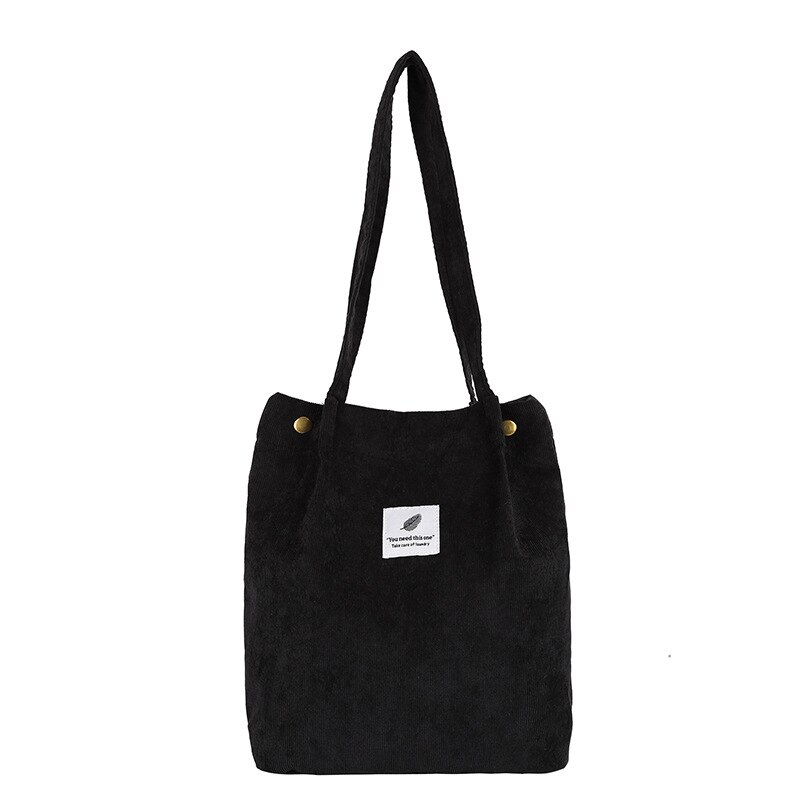DWTS Hoge Capaciteit Vrouwen Corduroy Tote Dames Casual Effen Kleur Schoudertas Opvouwbare Herbruikbare Vrouwen Winkelen Strandtas: 2black