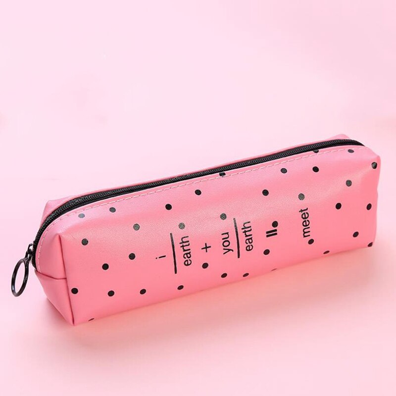 Cartuchera de cuero de PU con puntos blancos y negros, bonita cartuchera con letra rosa para niñas, bolsa para bolígrafos, bolsa de papelería, suministros para oficina y escuela: Pink wave point