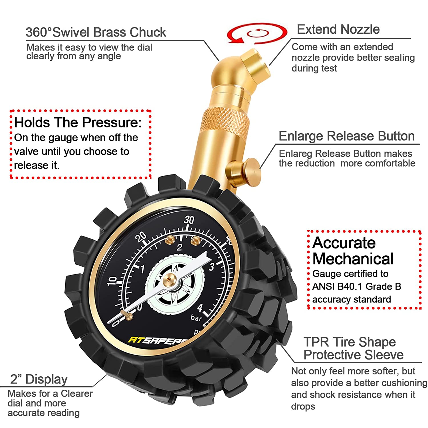 ATsafepro Tire Pressure Gauge UK Accurate Car Tyre Pressure Checker 60 Psi 4bar Glow Dial Mechanical Bourdon Gauge