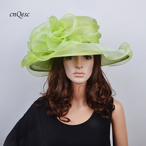 Lime green Wide brim Crystal organza hats church for kentucky derby wedding women's hat races